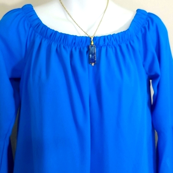 Royal Blue Off Shoulder Bell Sleeve Midi Dress S Resort Cruise Party Cocktail - Picture 3 of 6